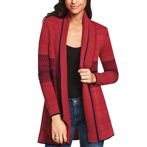 CAbi Sweaters - CABI Red + Navy Blue Joy Open-Front Cotton Cardigan Sweater Size XS